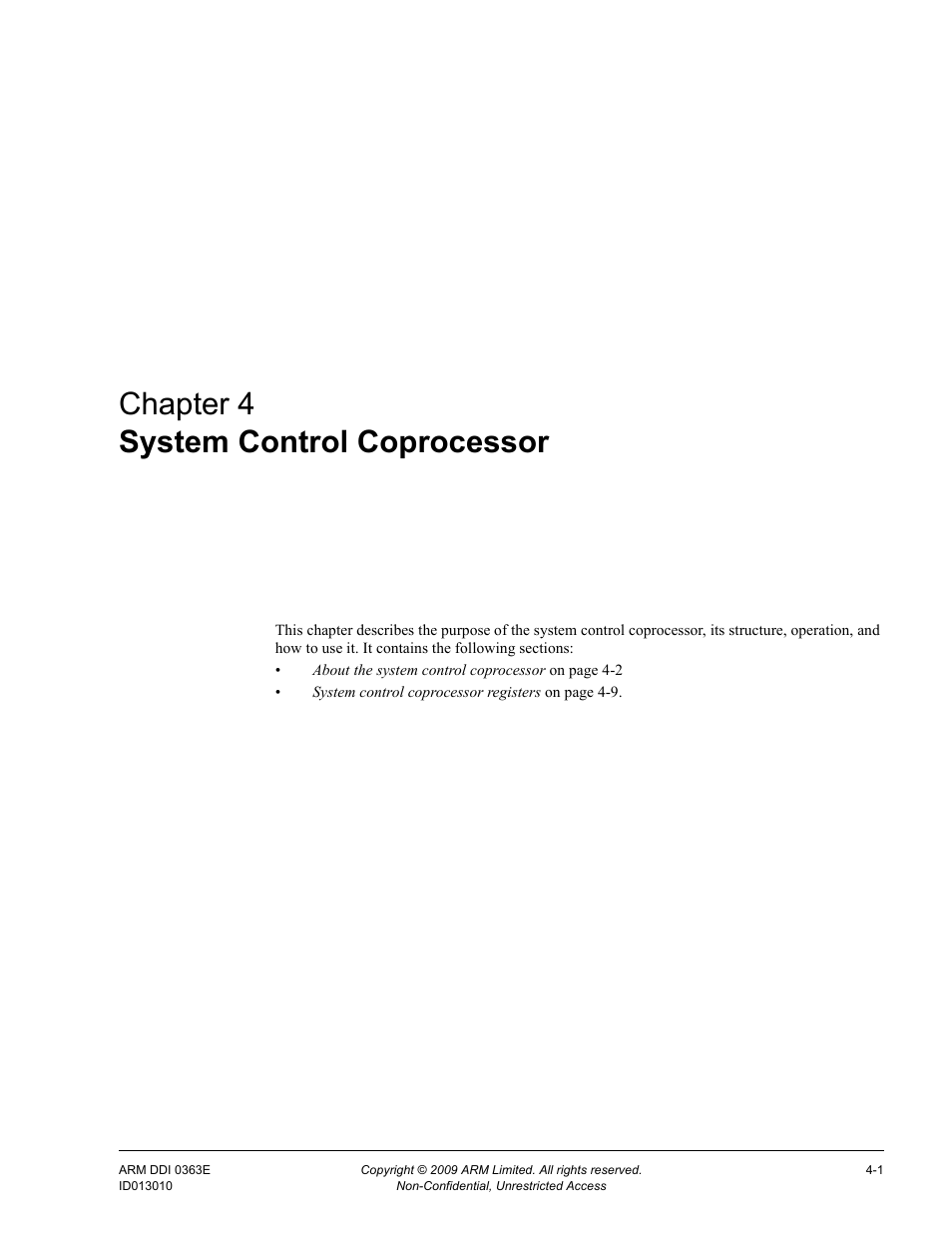 System control coprocessor, Chapter 4, Chapter 4 system control coprocessor | ARM Cortex R4F User Manual | Page 85 / 456