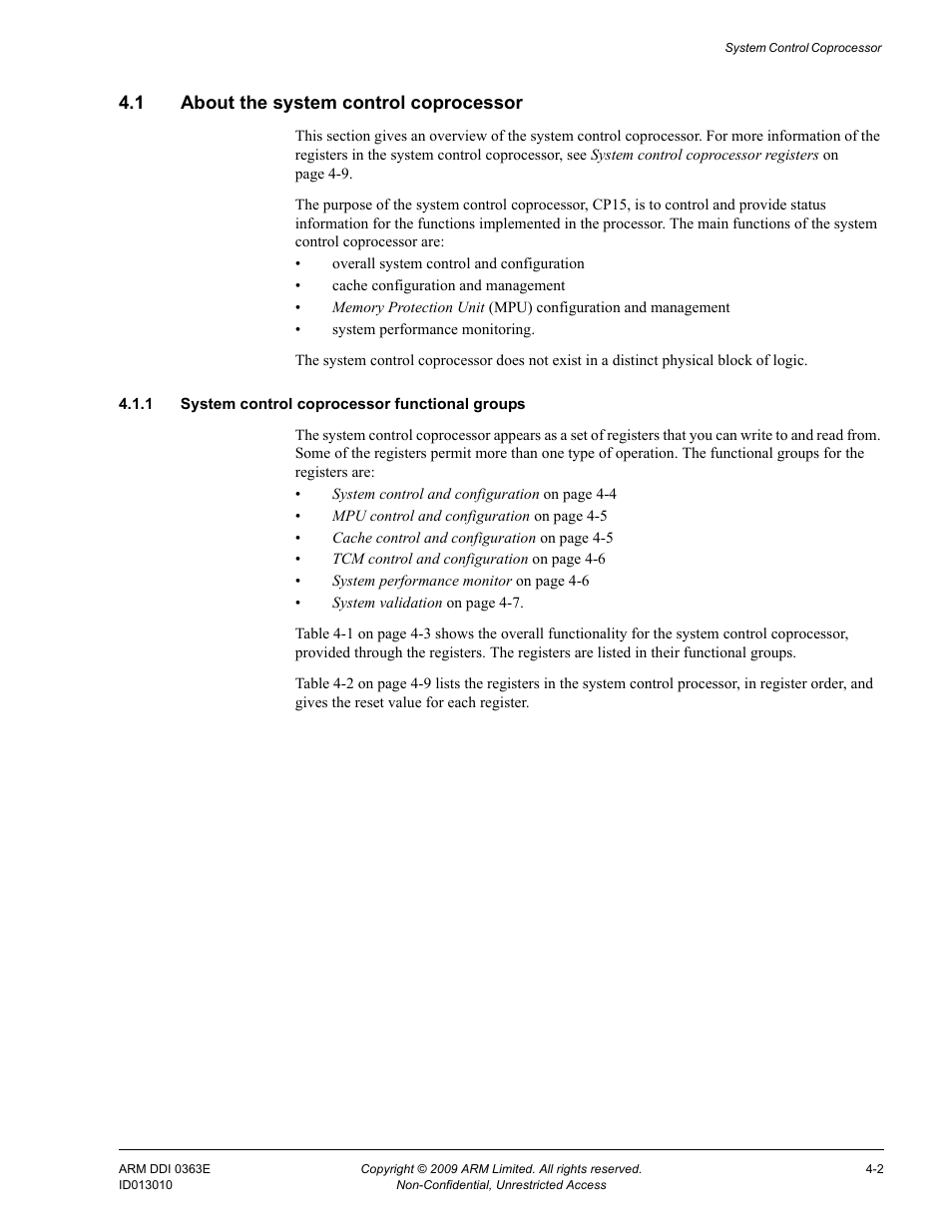 1 about the system control coprocessor, 1 system control coprocessor functional groups, About the system control coprocessor -2 | ARM Cortex R4F User Manual | Page 86 / 456