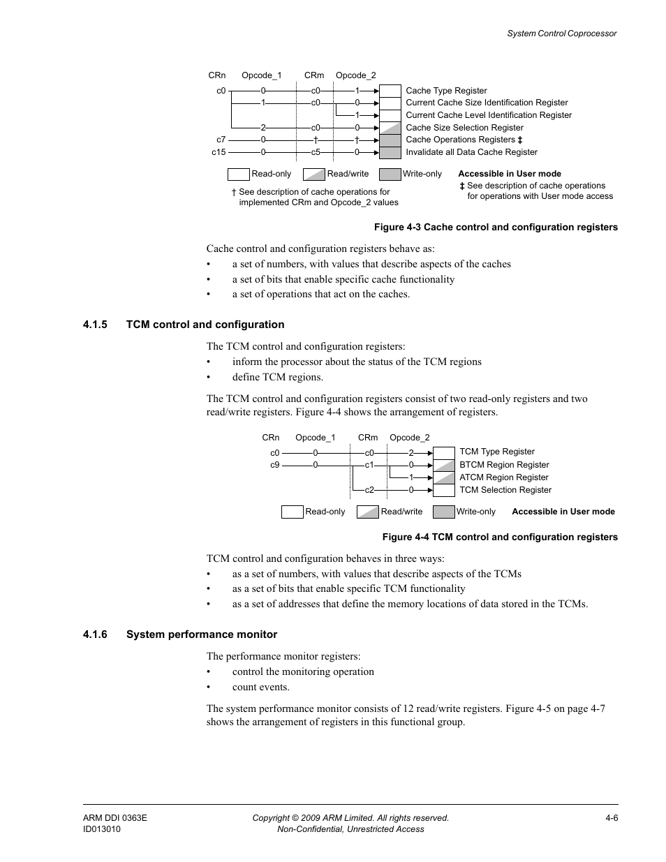 5 tcm control and configuration, 6 system performance monitor, Figure 4-3 | Cache control and configuration registers -6, Figure 4-4, Tcm control and configuration registers -6 | ARM Cortex R4F User Manual | Page 90 / 456