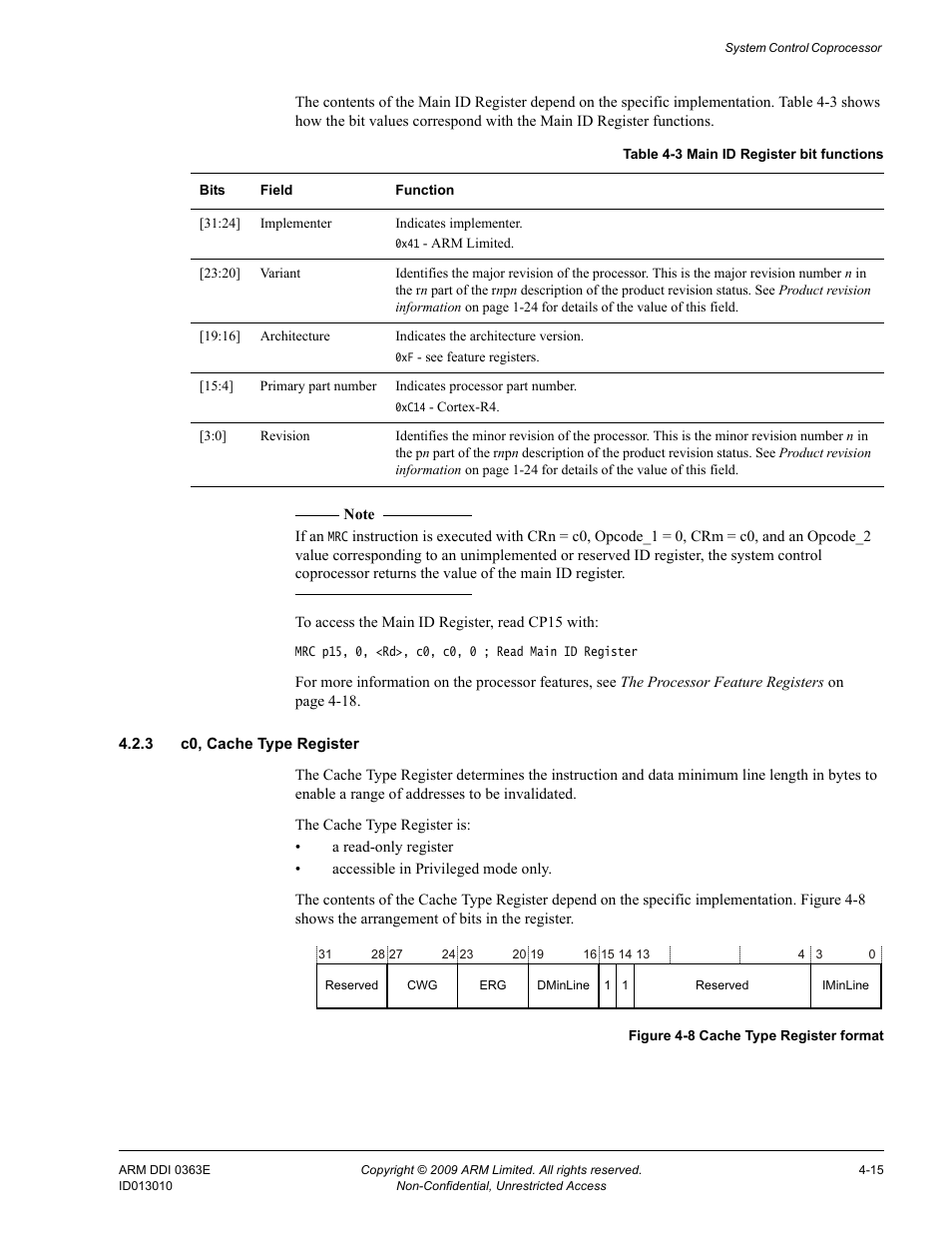 3 c0, cache type register, Table 4-3, Main id register bit functions -15 | Figure 4-8, Cache type register format -15 | ARM Cortex R4F User Manual | Page 99 / 456