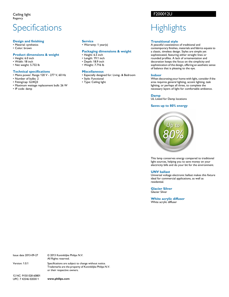 Specifications, Highlights | Philips Forecast Ceiling light F2000-12-U Regency User Manual | Page 2 / 2