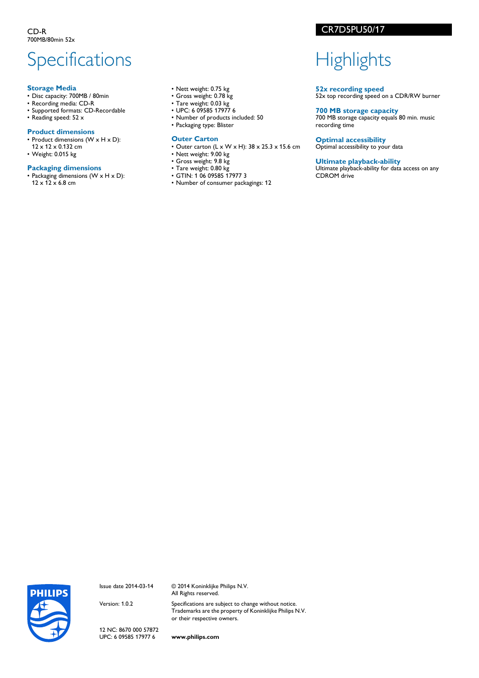 Specifications, Highlights | Philips CR7D5PU50-17 User Manual | Page 2 / 2