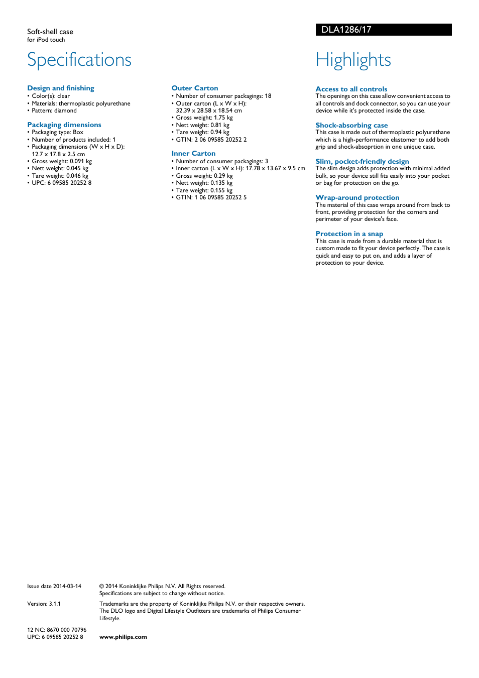 Specifications, Highlights | Philips DLA1286-17 User Manual | Page 2 / 2