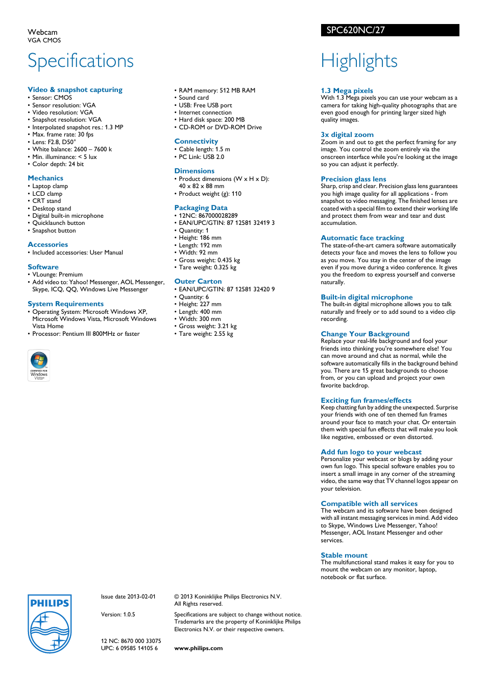 Specifications, Highlights | Philips SPC620NC-27 User Manual | Page 2 / 2