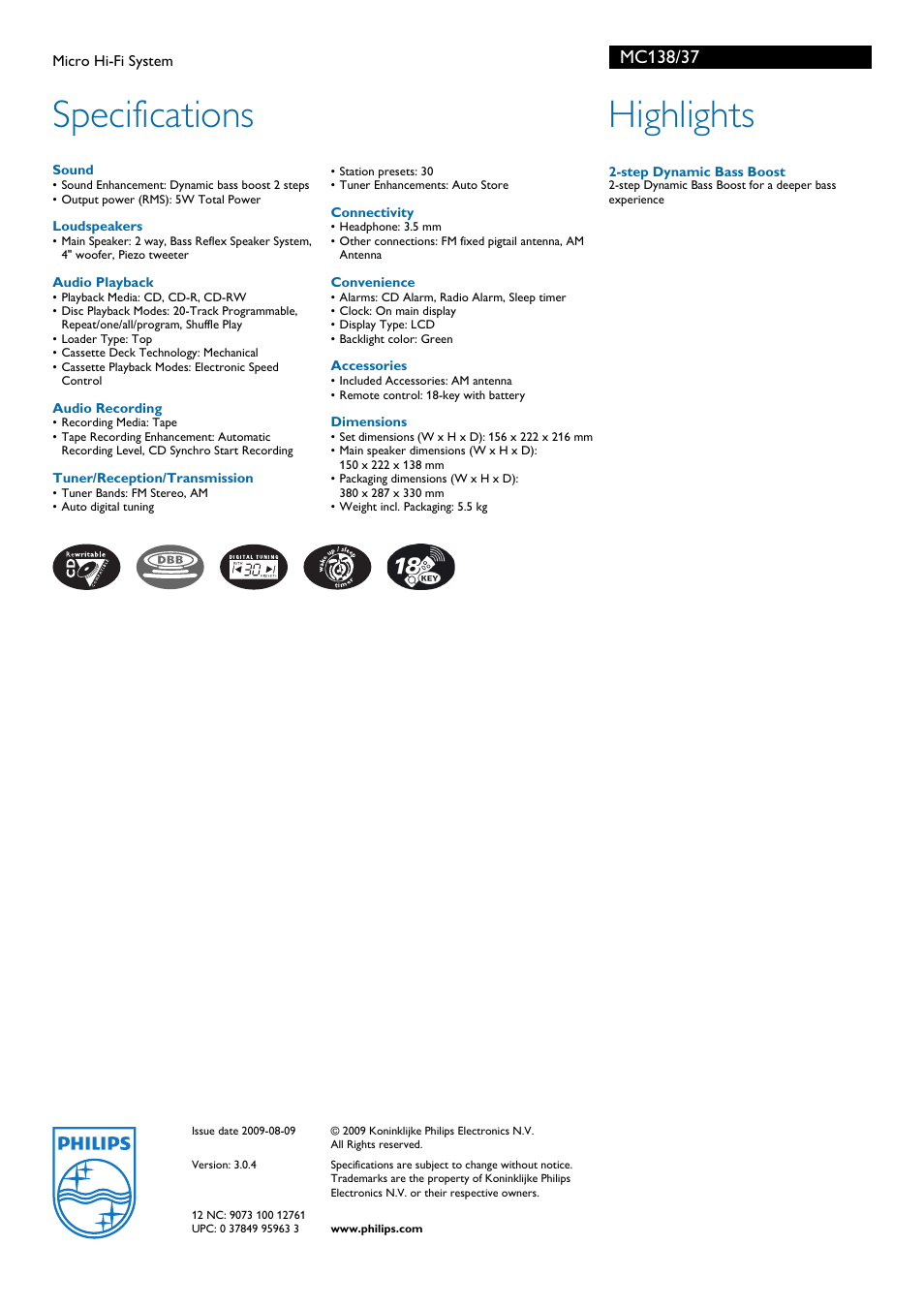 Specifications, Highlights | Philips MC138-37 User Manual | Page 2 / 2