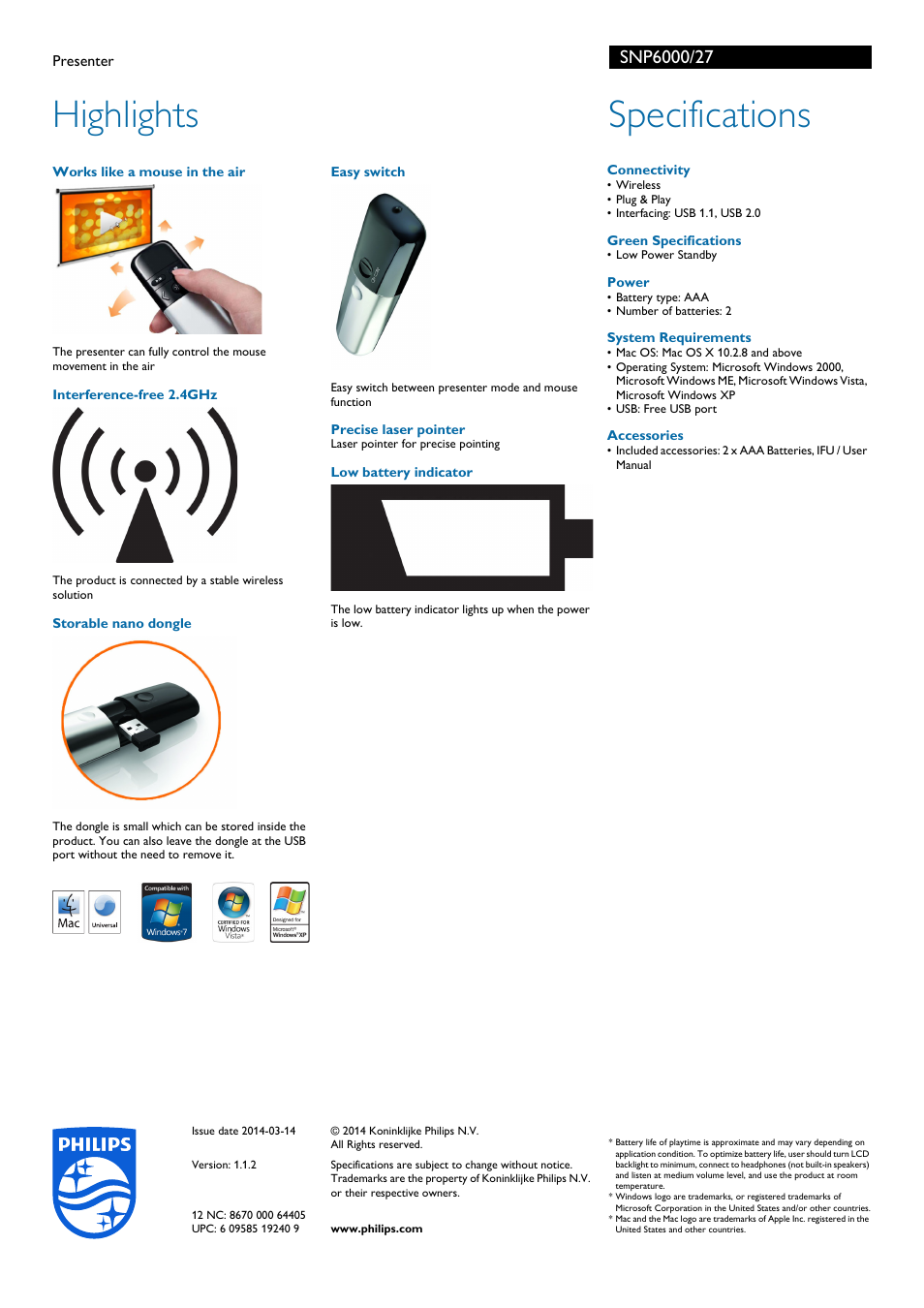 Highlights, Specifications | Philips Presenter SNP6000 User Manual | Page 2 / 2