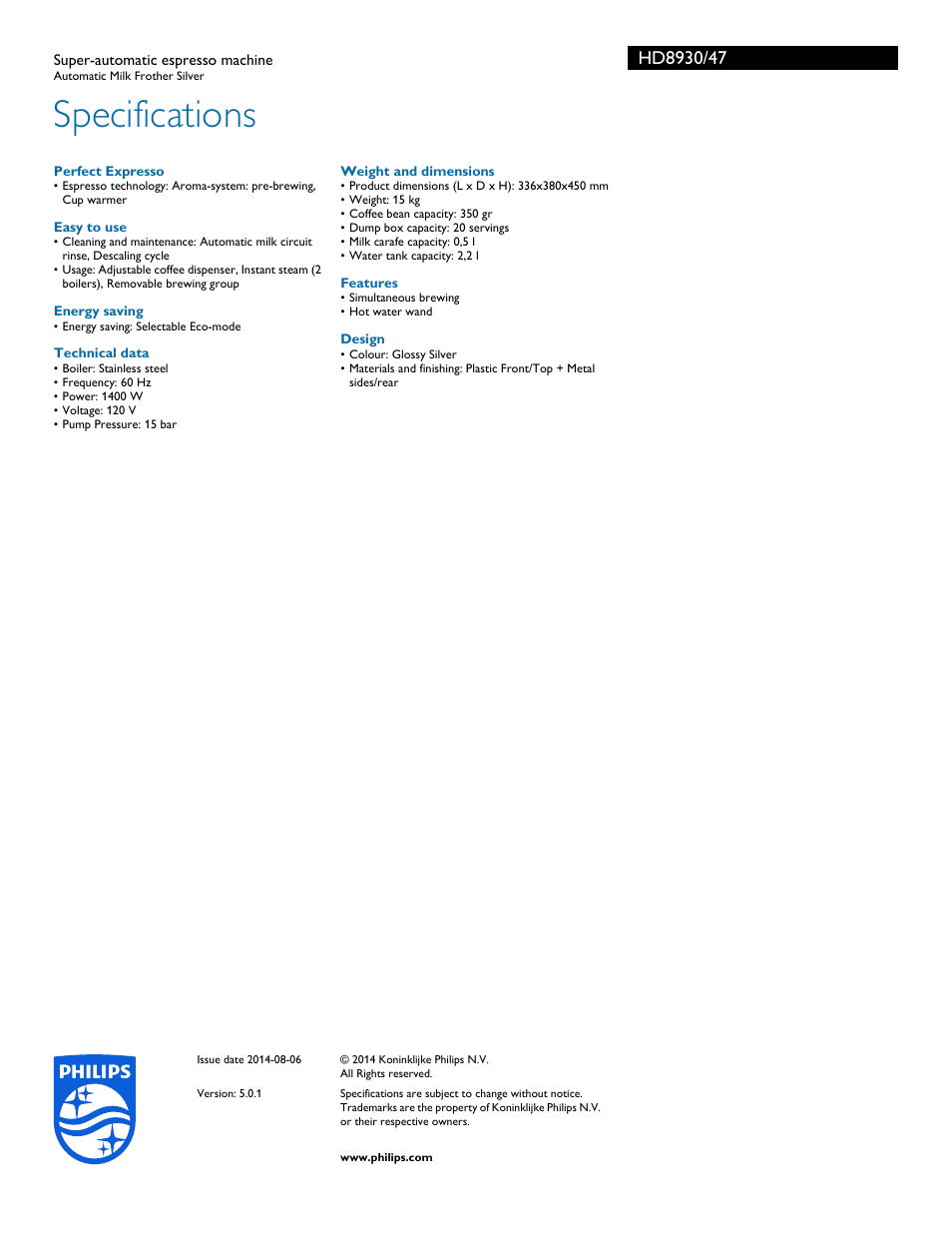 Specifications | Philips HD8930-47 User Manual | Page 3 / 3