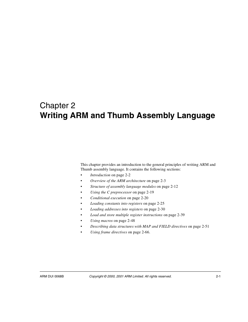 Writing arm and thumb assembly language, Chapter 2, Chapter 2 writing arm and thumb assembly language | ARM VERSION 1.2 User Manual | Page 13 / 360