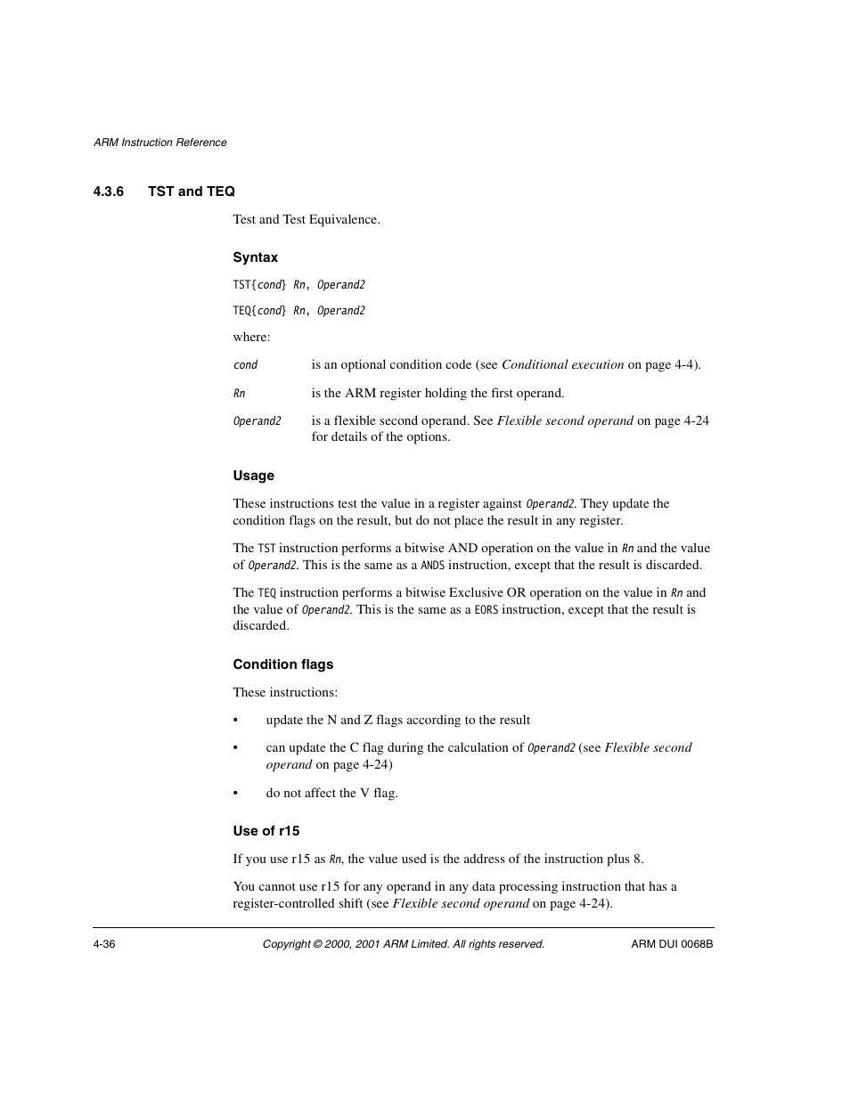 6 tst and teq | ARM VERSION 1.2 User Manual | Page 146 / 360