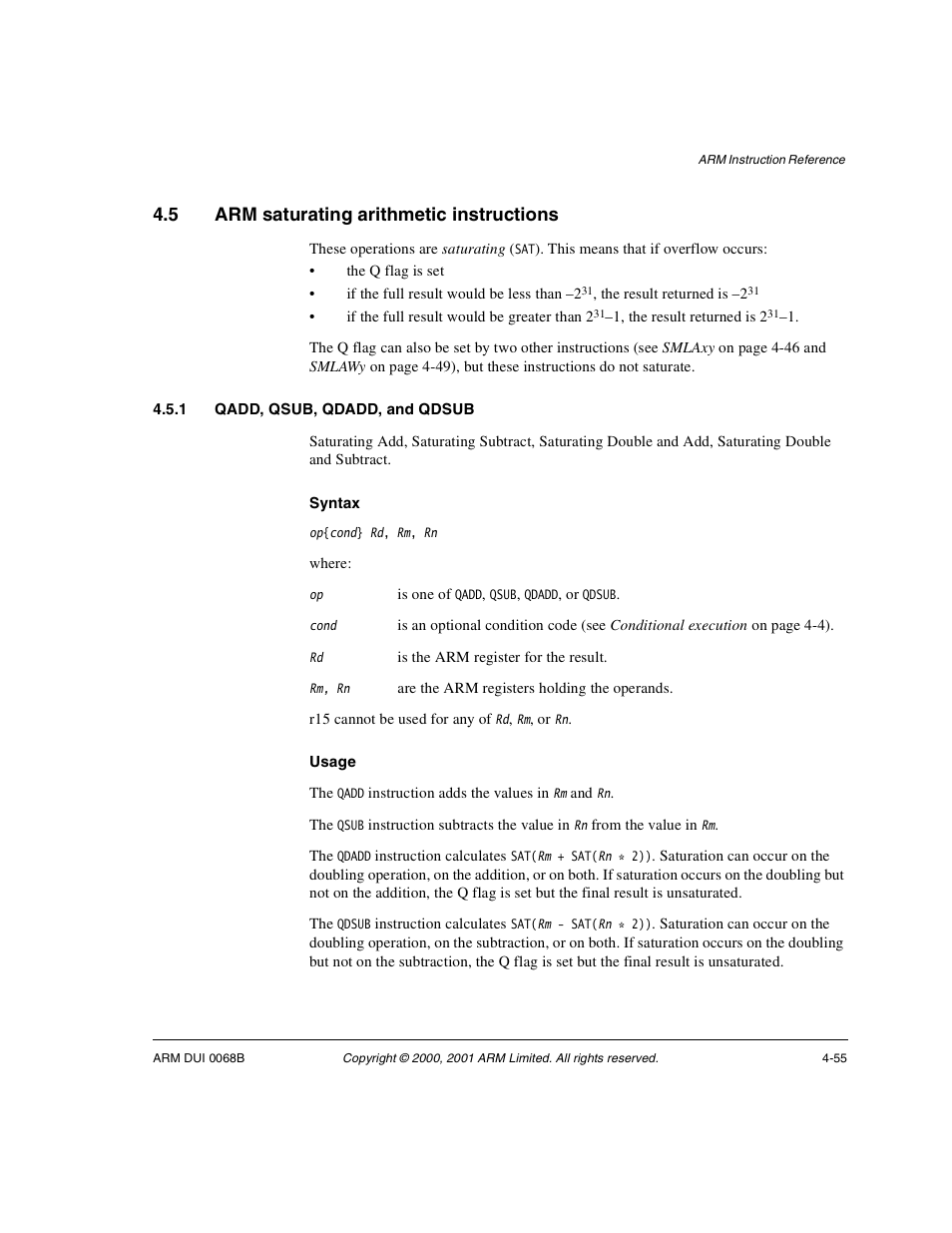 5 arm saturating arithmetic instructions, 1 qadd, qsub, qdadd, and qdsub, Arm saturating arithmetic instructions -55 | ARM VERSION 1.2 User Manual | Page 165 / 360