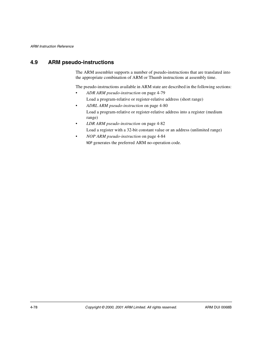 9 arm pseudo-instructions, Arm pseudo-instructions -78 | ARM VERSION 1.2 User Manual | Page 188 / 360