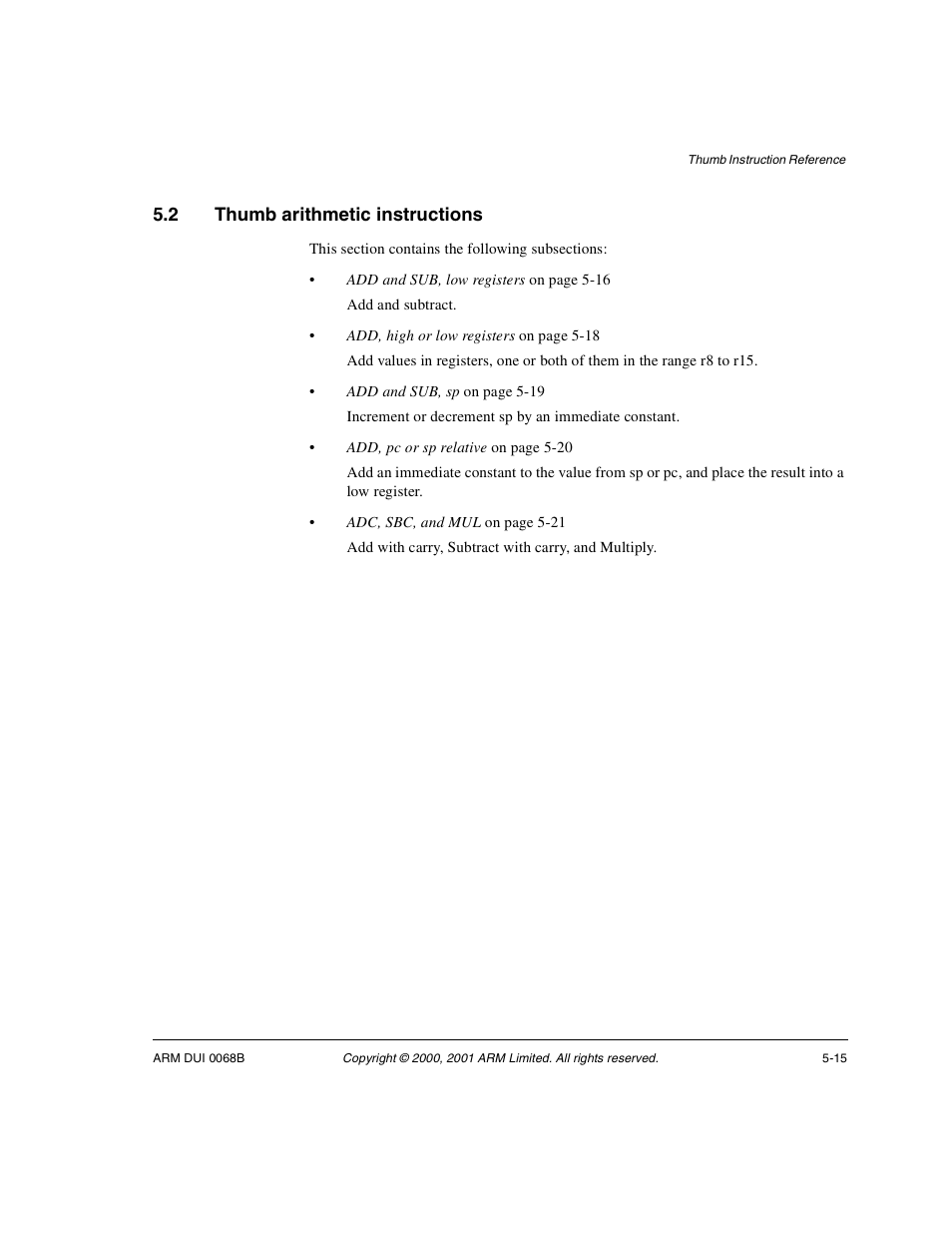 2 thumb arithmetic instructions, Thumb arithmetic instructions -15 | ARM VERSION 1.2 User Manual | Page 209 / 360