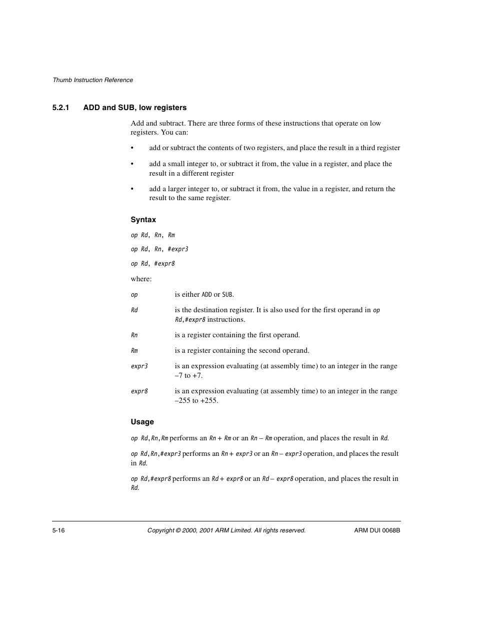 1 add and sub, low registers | ARM VERSION 1.2 User Manual | Page 210 / 360