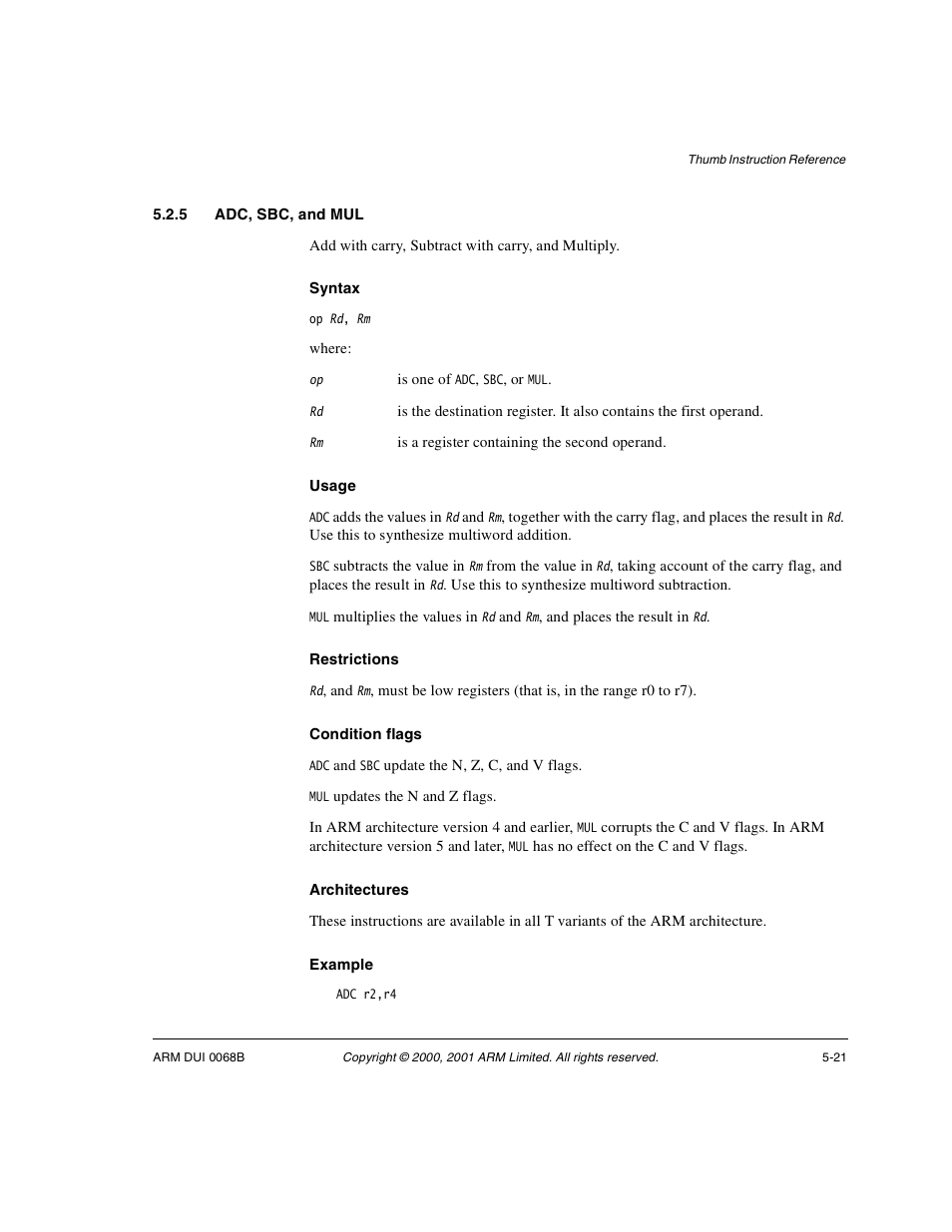 5 adc, sbc, and mul | ARM VERSION 1.2 User Manual | Page 215 / 360
