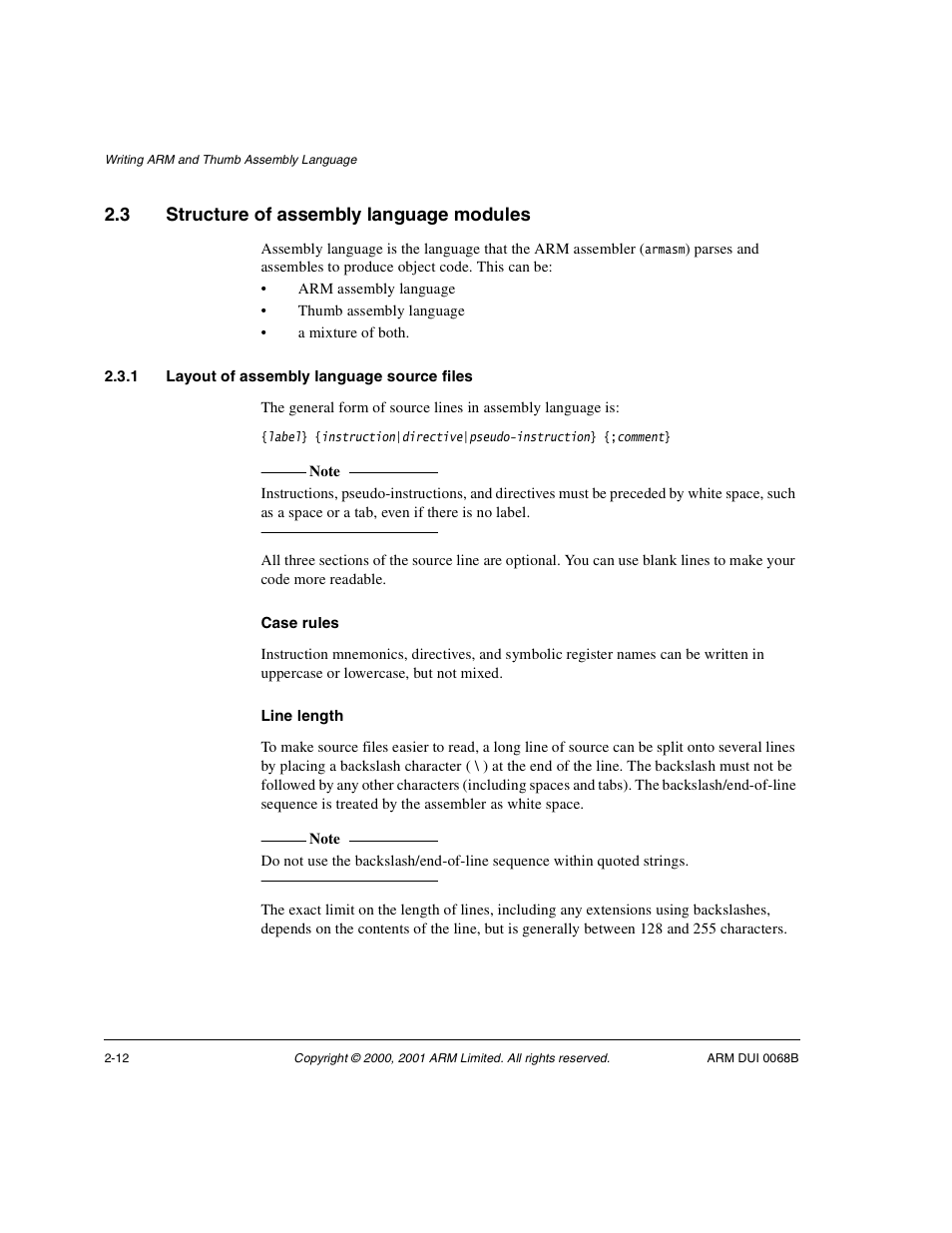 3 structure of assembly language modules, 1 layout of assembly language source files, Structure of assembly language modules -12 | ARM VERSION 1.2 User Manual | Page 24 / 360