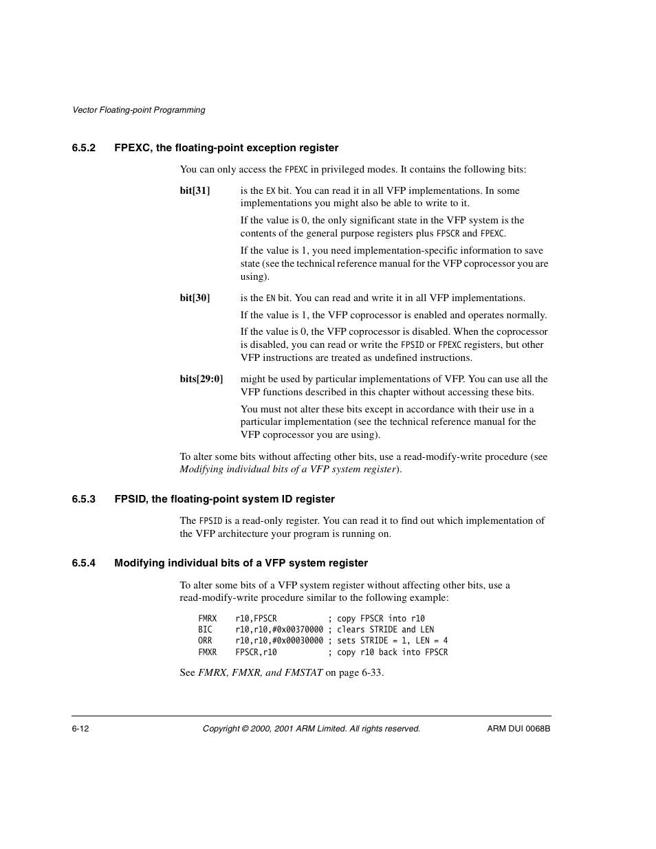 2 fpexc, the floating-point exception register, 3 fpsid, the floating-point system id register | ARM VERSION 1.2 User Manual | Page 250 / 360