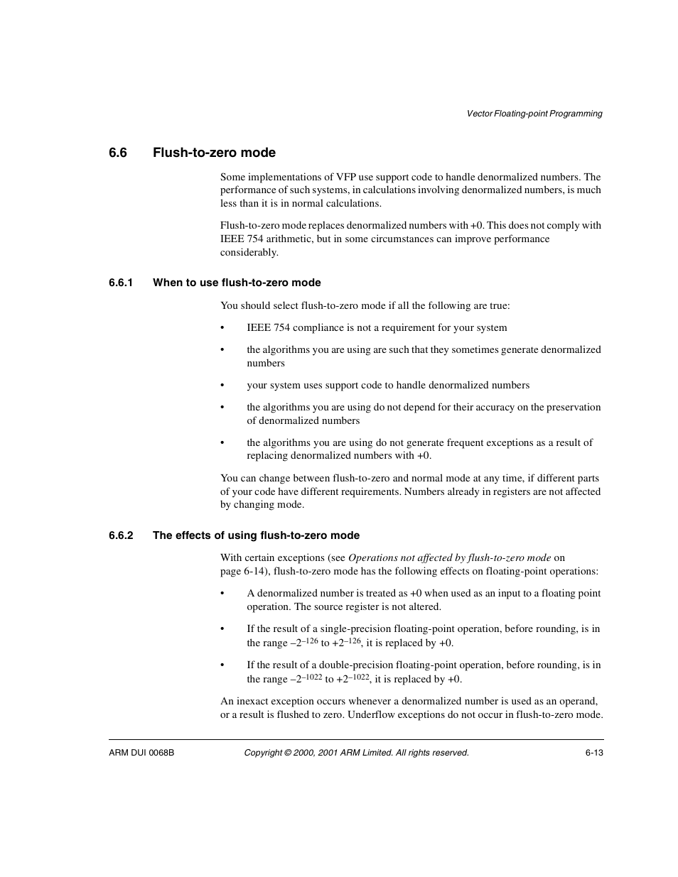 6 flush-to-zero mode, 1 when to use flush-to-zero mode, 2 the effects of using flush-to-zero mode | Flush-to-zero mode -13 | ARM VERSION 1.2 User Manual | Page 251 / 360