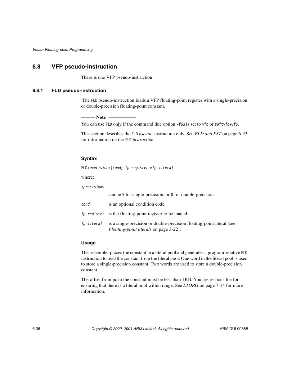 8 vfp pseudo-instruction, 1 fld pseudo-instruction, Vfp pseudo-instruction -38 | ARM VERSION 1.2 User Manual | Page 276 / 360