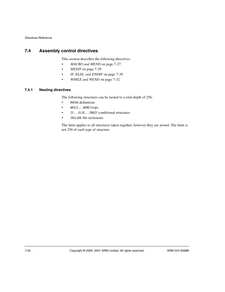4 assembly control directives, 1 nesting directives, Assembly control directives -26 | ARM VERSION 1.2 User Manual | Page 308 / 360