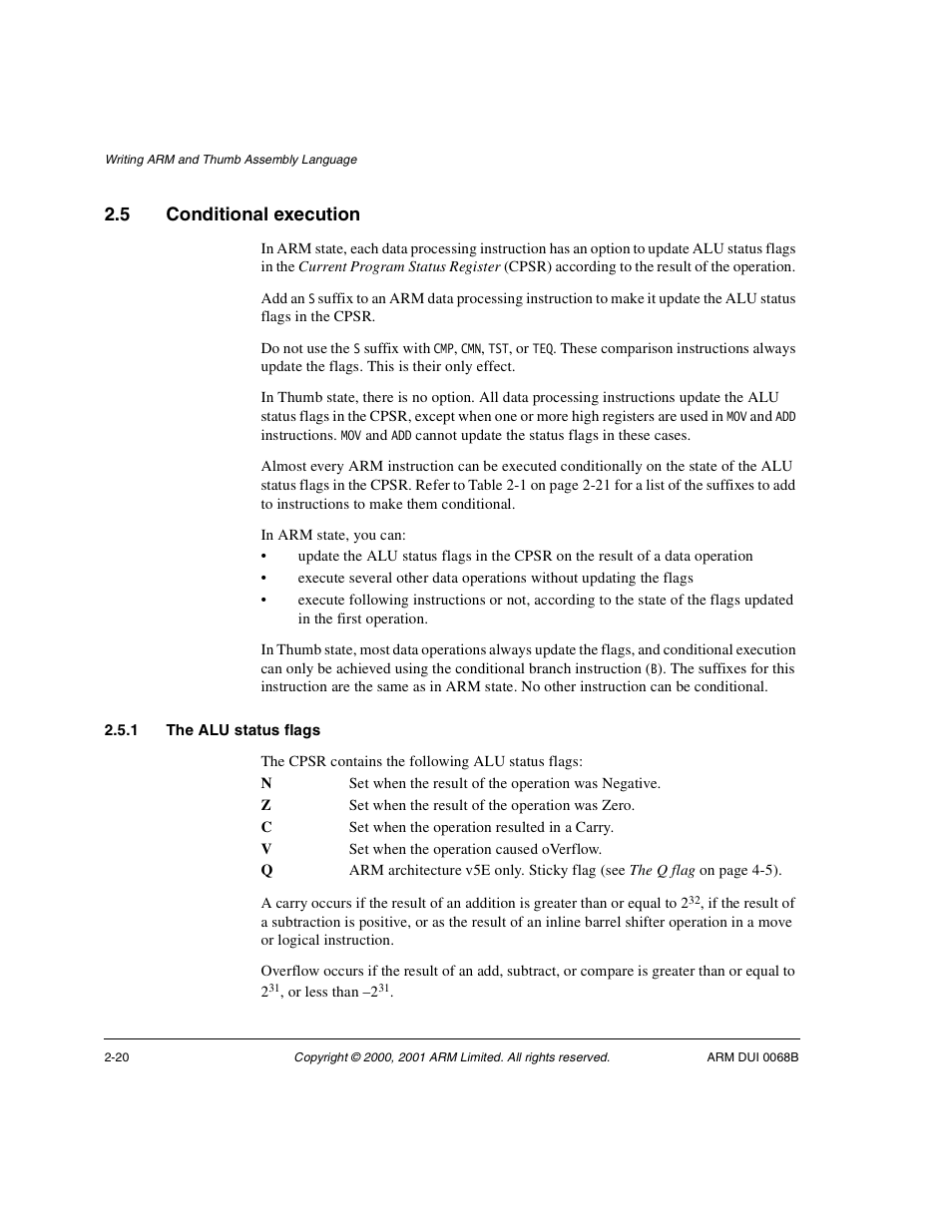 5 conditional execution, 1 the alu status flags, Conditional execution -20 | ARM VERSION 1.2 User Manual | Page 32 / 360