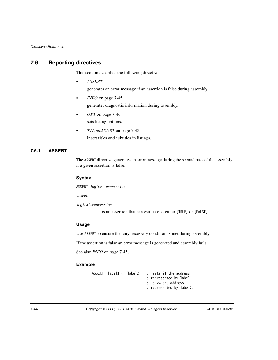 6 reporting directives, 1 assert, Reporting directives -44 | ARM VERSION 1.2 User Manual | Page 326 / 360