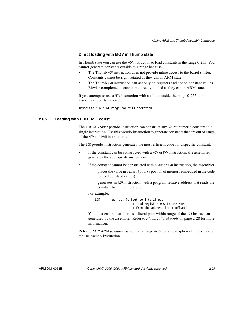 2 loading with ldr rd, =const, Loading | ARM VERSION 1.2 User Manual | Page 39 / 360
