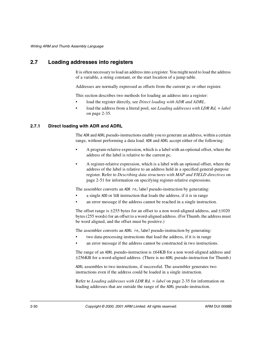 7 loading addresses into registers, 1 direct loading with adr and adrl, Loading addresses into registers -30 | ARM VERSION 1.2 User Manual | Page 42 / 360