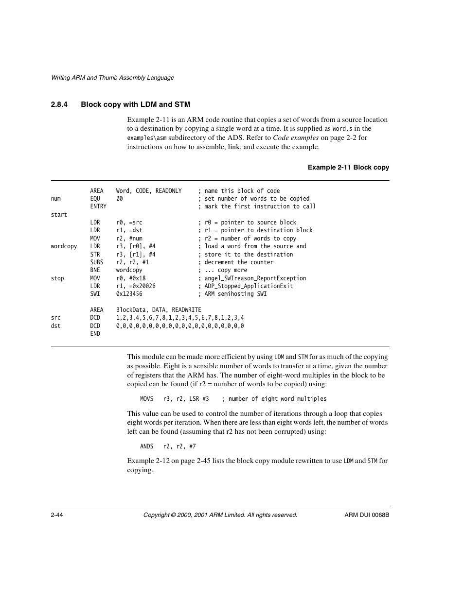 4 block copy with ldm and stm | ARM VERSION 1.2 User Manual | Page 56 / 360