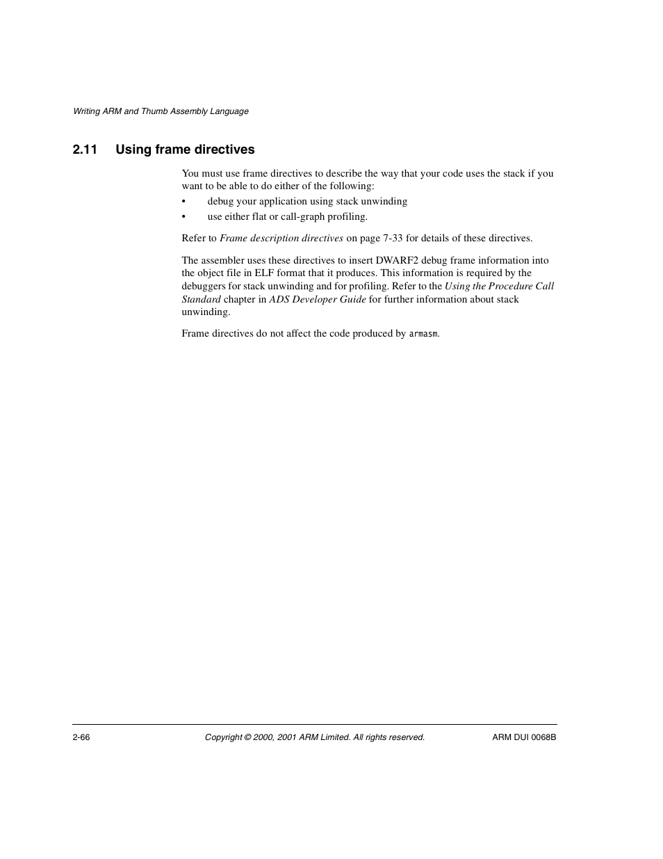 11 using frame directives, Using frame directives -66 | ARM VERSION 1.2 User Manual | Page 78 / 360