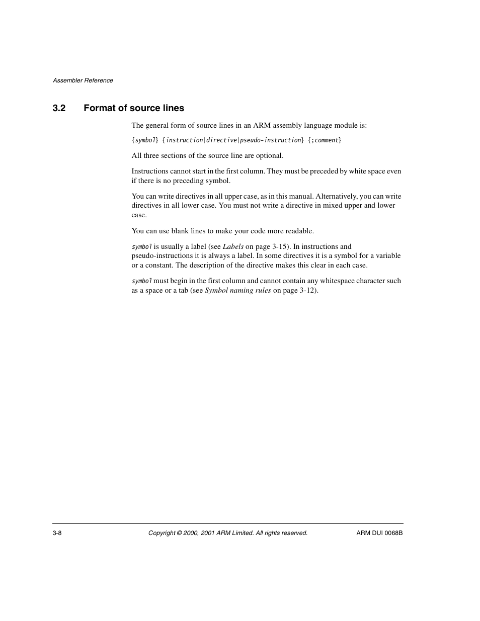 2 format of source lines, Format of source lines -8 | ARM VERSION 1.2 User Manual | Page 86 / 360