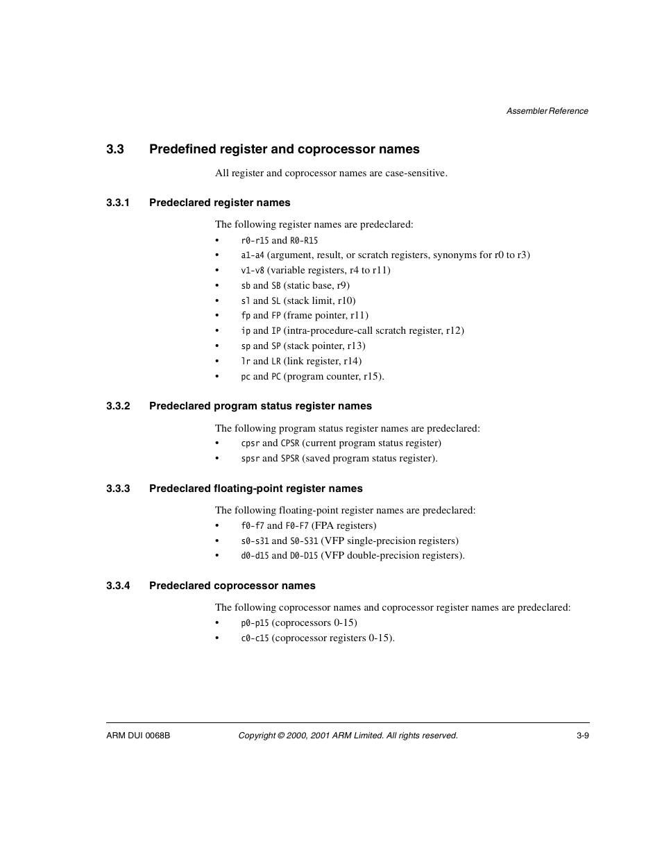 3 predefined register and coprocessor names, 1 predeclared register names, 2 predeclared program status register names | 3 predeclared floating-point register names, 4 predeclared coprocessor names, Predefined register and coprocessor names -9 | ARM VERSION 1.2 User Manual | Page 87 / 360