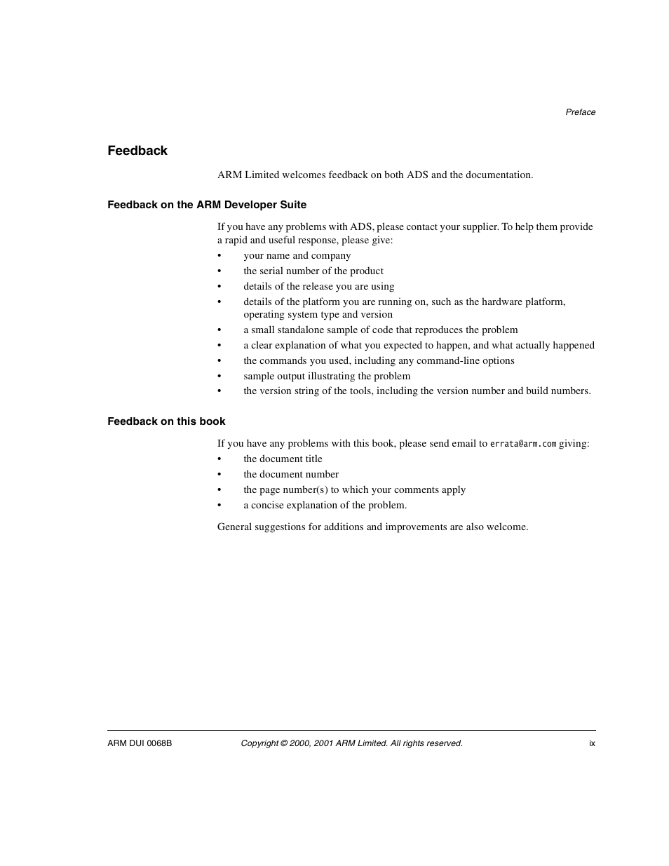 Feedback, Feedback on the arm developer suite, Feedback on this book | ARM VERSION 1.2 User Manual | Page 9 / 360
