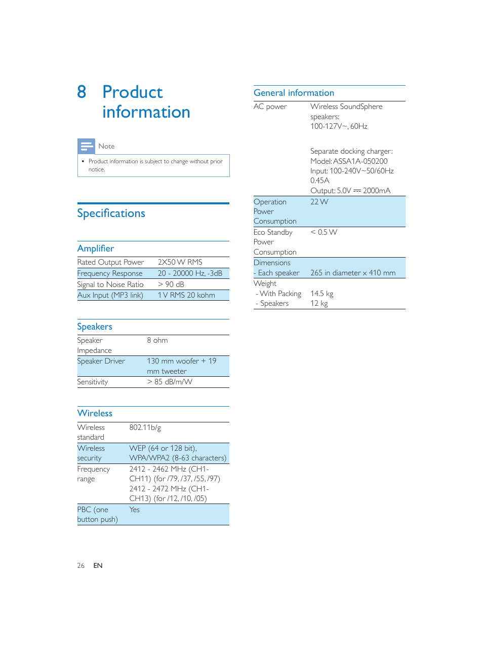 8 product information, 6shflàfdwlrqv | Philips Fidelio SoundSphere docking speakers DS9800W with AirPlay with 30-pin connector for iPod-iPhone-iPad 100W User Manual | Page 26 / 31