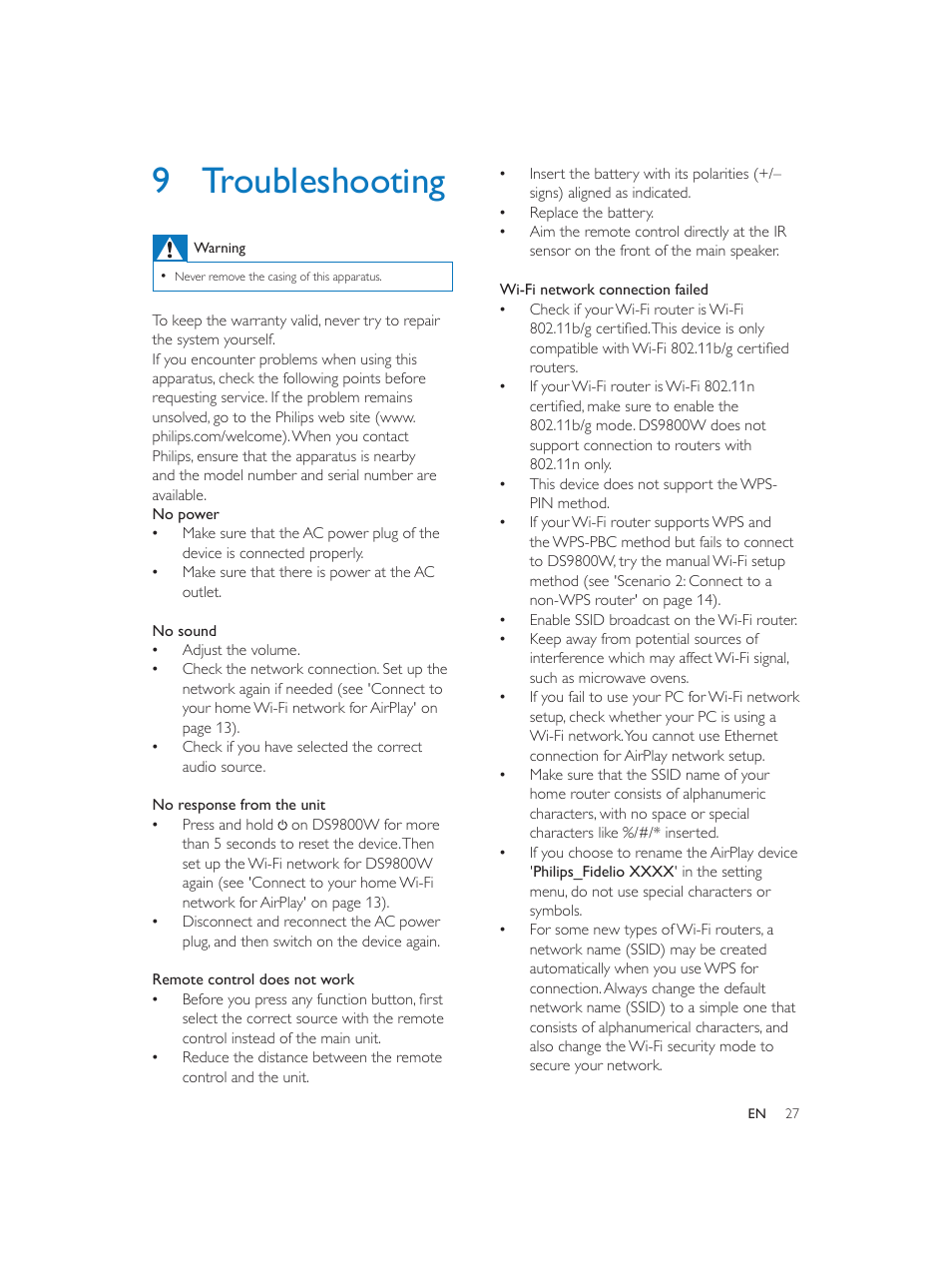 9 troubleshooting | Philips Fidelio SoundSphere docking speakers DS9800W with AirPlay with 30-pin connector for iPod-iPhone-iPad 100W User Manual | Page 27 / 31
