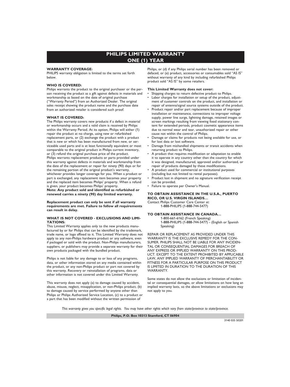 Philips limited warranty one (1) year | Philips Fidelio SoundSphere docking speakers DS9800W with AirPlay with 30-pin connector for iPod-iPhone-iPad 100W User Manual | Page 30 / 31