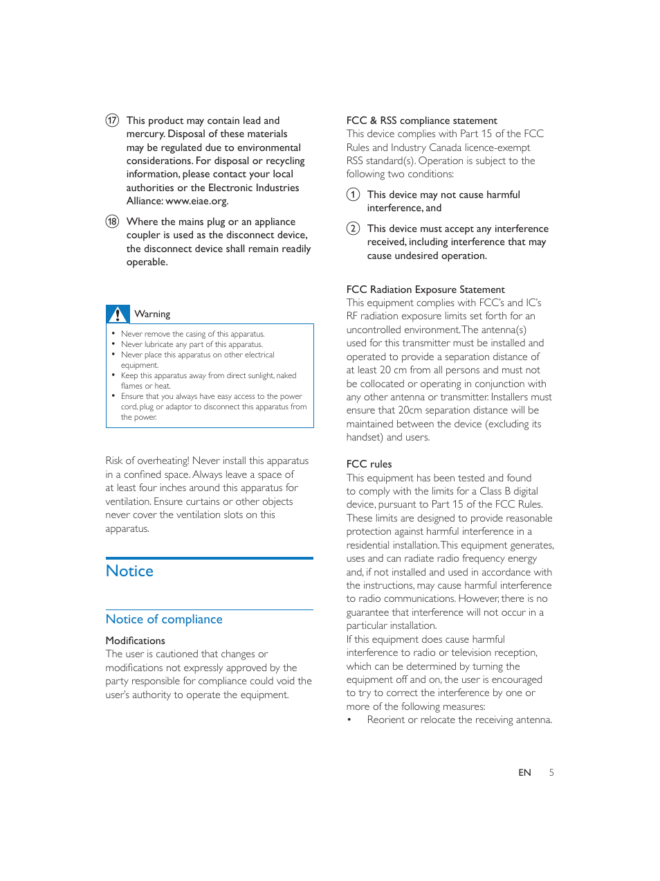Notice, Notice of compliance | Philips Fidelio SoundSphere docking speakers DS9800W with AirPlay with 30-pin connector for iPod-iPhone-iPad 100W User Manual | Page 5 / 31