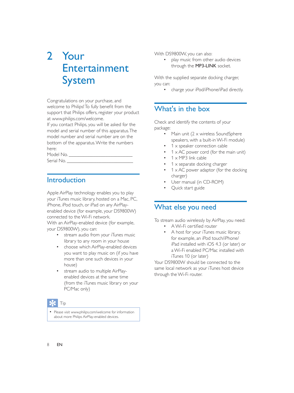 2 your entertainment system, Introduction, What's in the box | What else you need | Philips Fidelio SoundSphere docking speakers DS9800W with AirPlay with 30-pin connector for iPod-iPhone-iPad 100W User Manual | Page 8 / 31