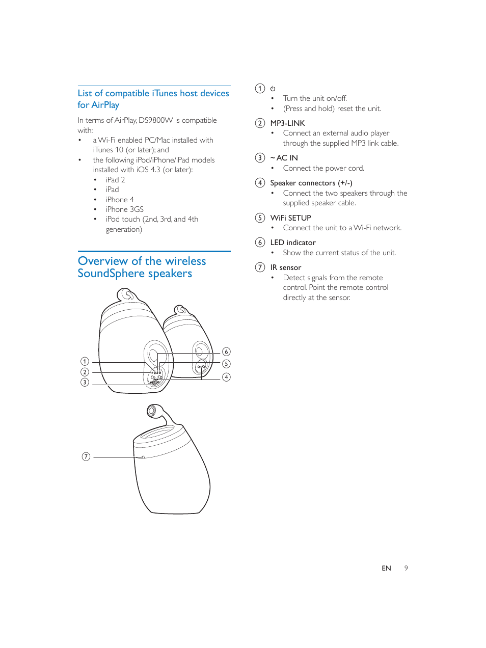 Philips Fidelio SoundSphere docking speakers DS9800W with AirPlay with 30-pin connector for iPod-iPhone-iPad 100W User Manual | Page 9 / 31