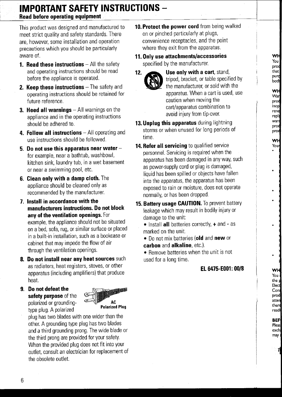 Important safety instructions, Do not use this apparatus near water, Duly use attachments/accessories | Do not defeat the safety purpose of the | Philips AZ1060 User Manual | Page 11 / 52