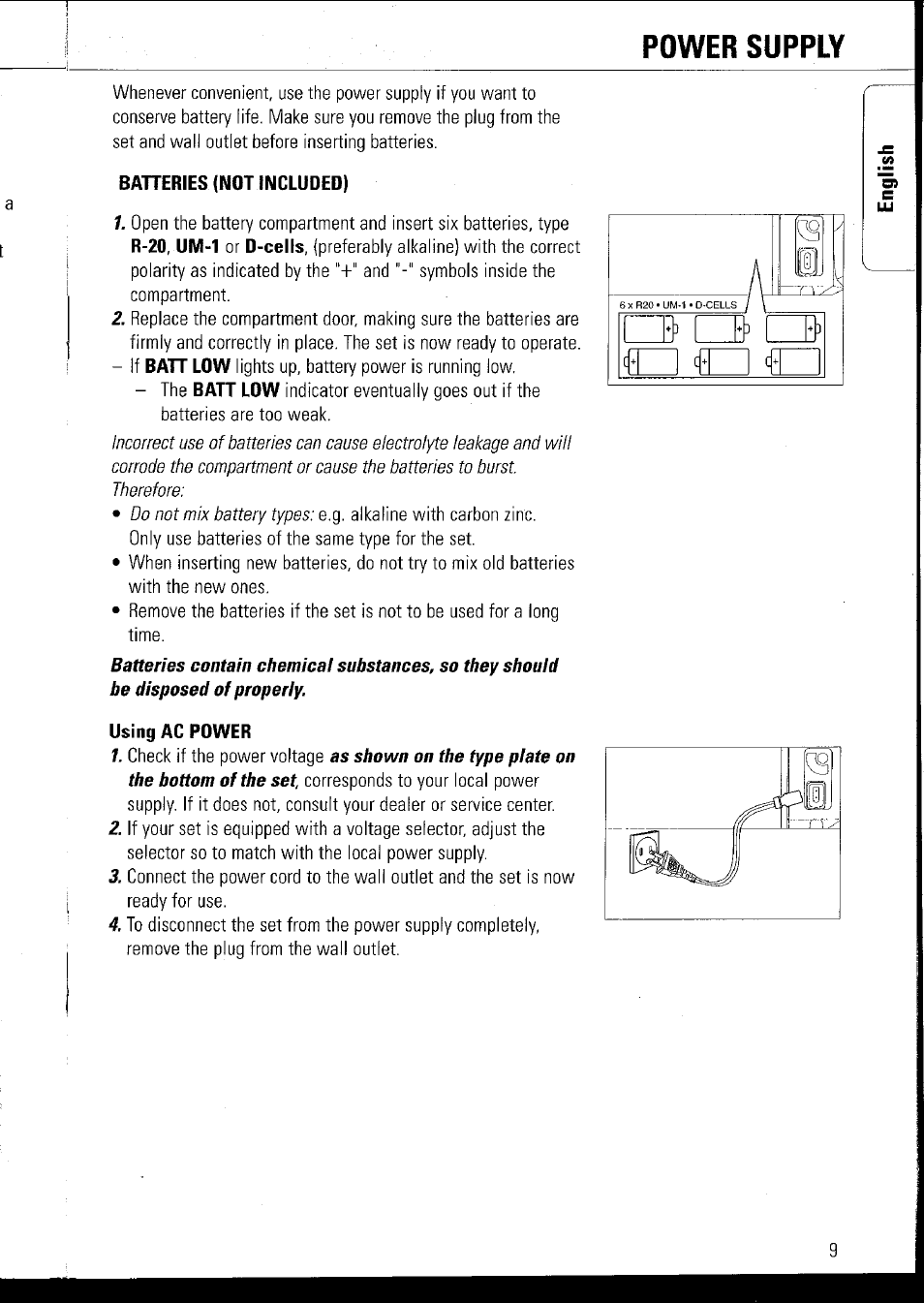 Baheries (not included), Using ac power, Power supply | Philips AZ1060 User Manual | Page 15 / 52