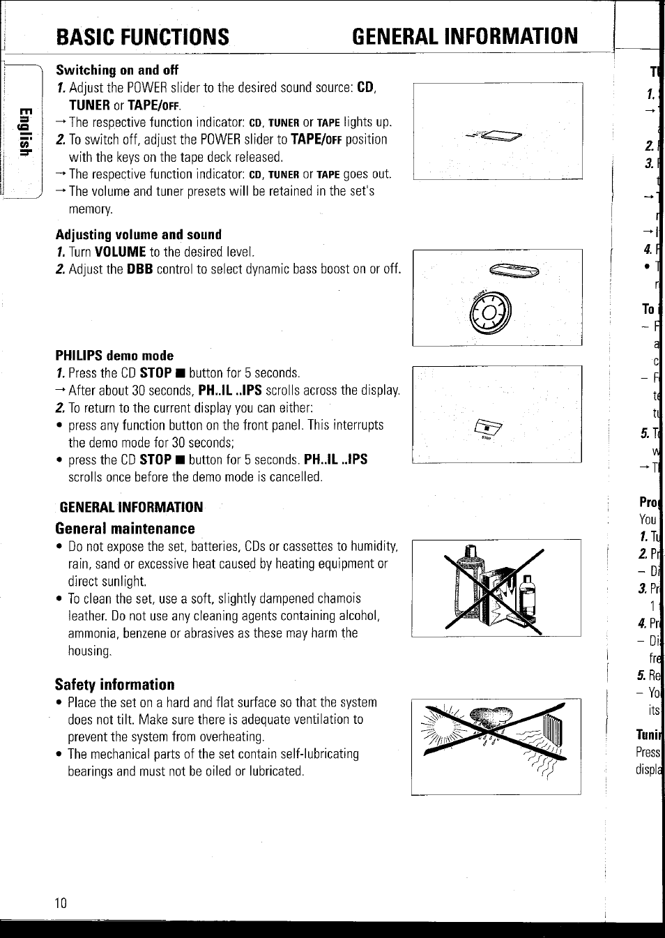Switching on and off, Philips demo mode, General information | General maintenance, Safety information, Basic functions general information | Philips AZ1060 User Manual | Page 16 / 52