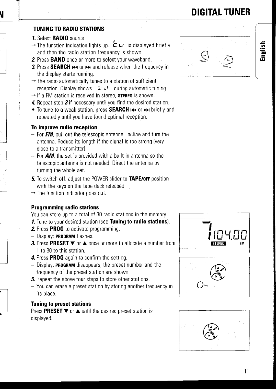 Tuning to radio stations, Programming radio stations, Digital tuner | Philips AZ1060 User Manual | Page 17 / 52