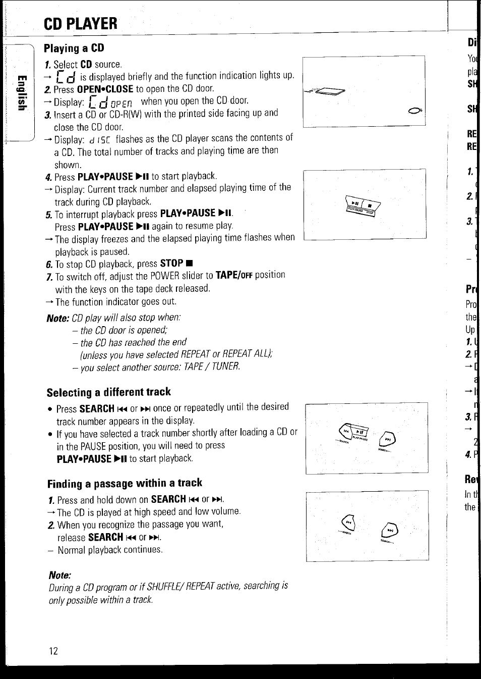 Cd player, Playing a cd, Selecting a different track | Finding a passage within a track | Philips AZ1060 User Manual | Page 18 / 52