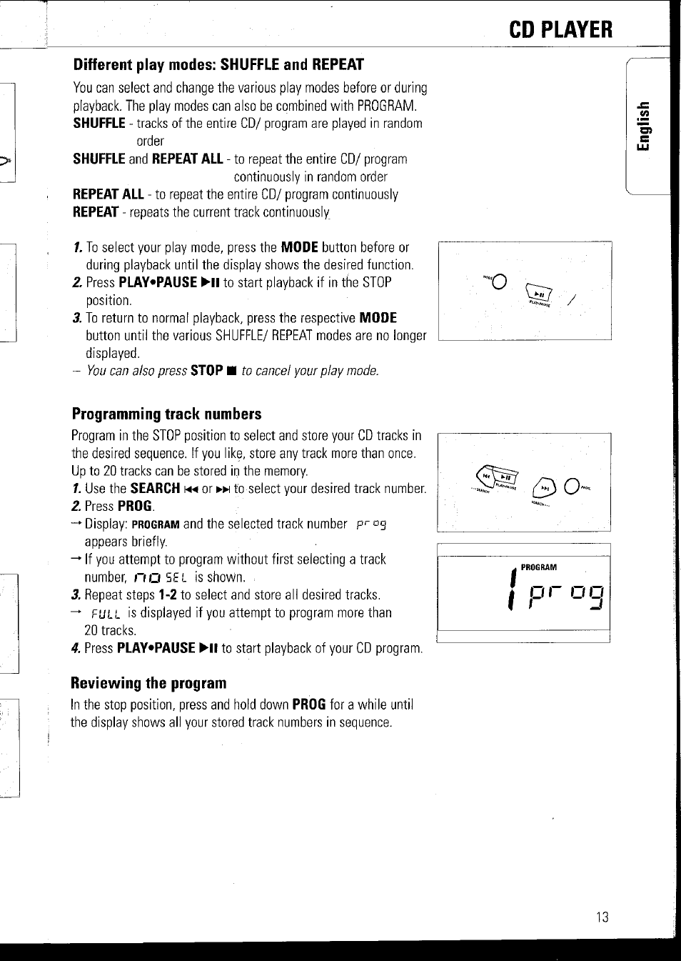 Cd player, Different play modes: shuffle and repeat, Programming track numbers | Philips AZ1060 User Manual | Page 19 / 52