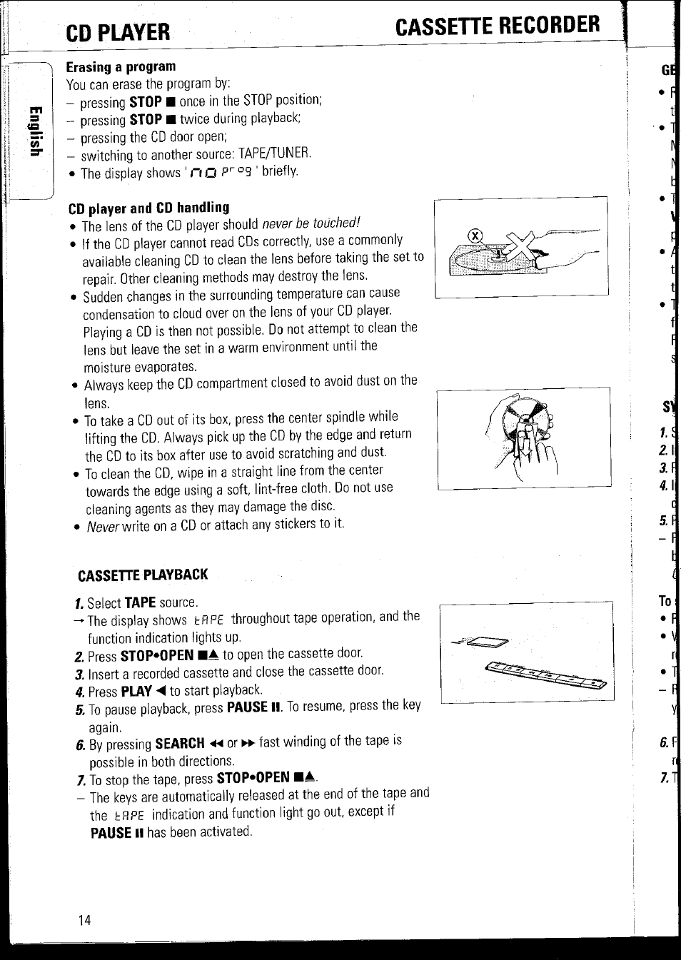 Erasing a program, Cd player and cd handling, Cassehe playback | Cd player cassette recorder, 3 .fi | Philips AZ1060 User Manual | Page 20 / 52
