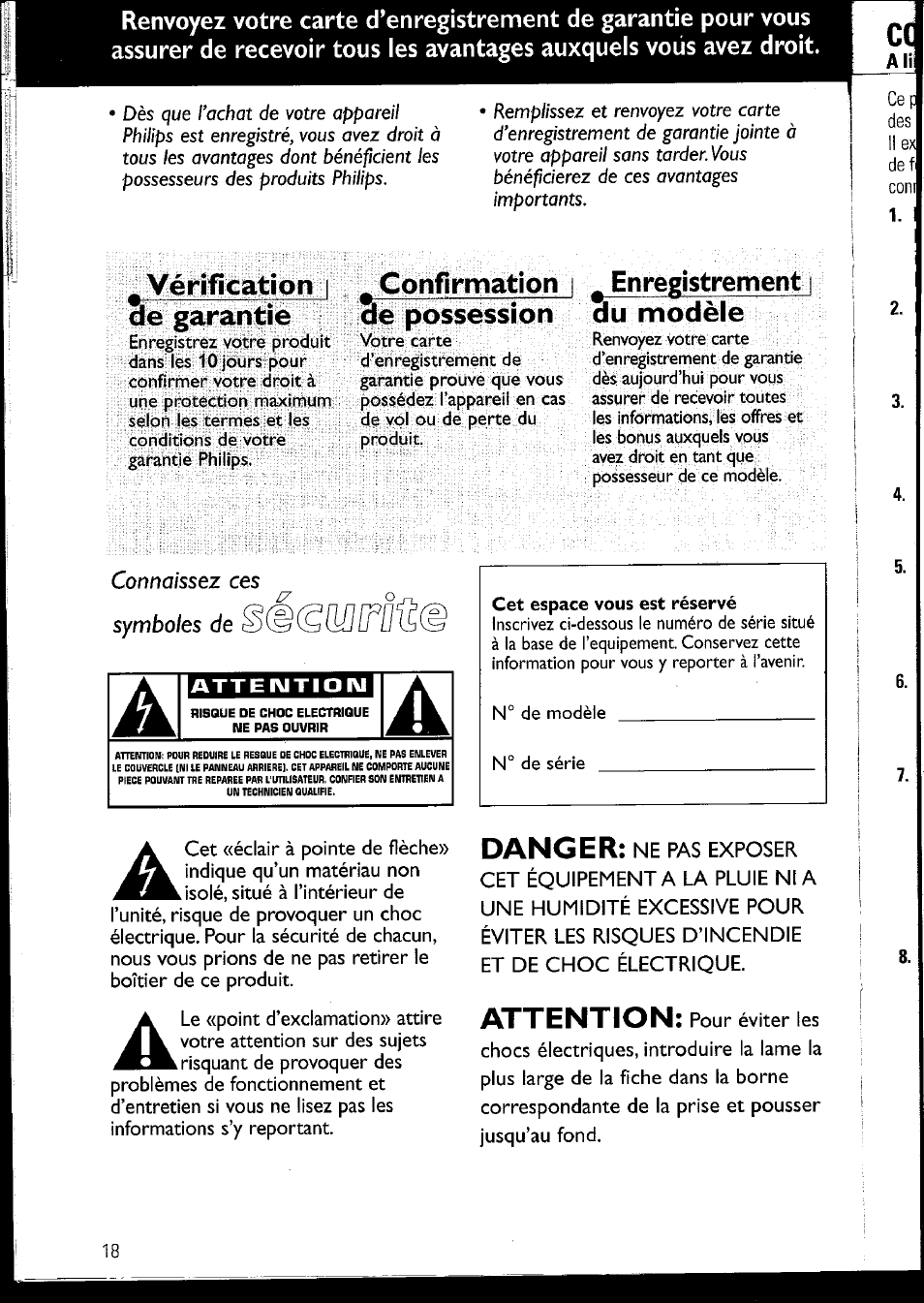 Vérification i de garantie, Confirmation, De possession | Enregistrement du modèle, Connaissez ces symboles de, Danger, Attention | Philips AZ1060 User Manual | Page 24 / 52