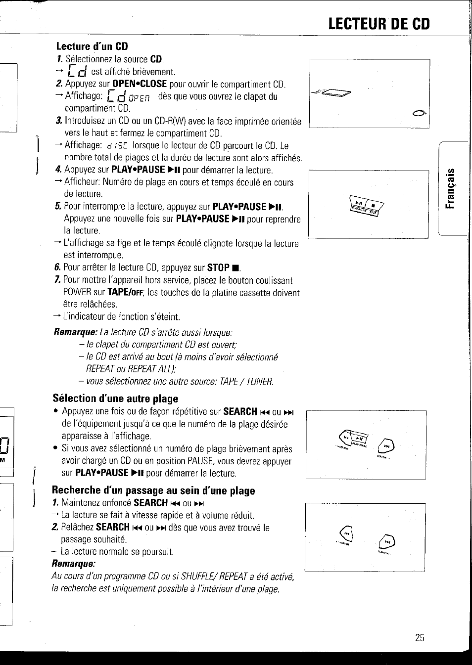 Lecture d'un cd, Sélection d'une autre plage, Recherche d'un passage au sein d'une plage | Lecteur de cd | Philips AZ1060 User Manual | Page 31 / 52