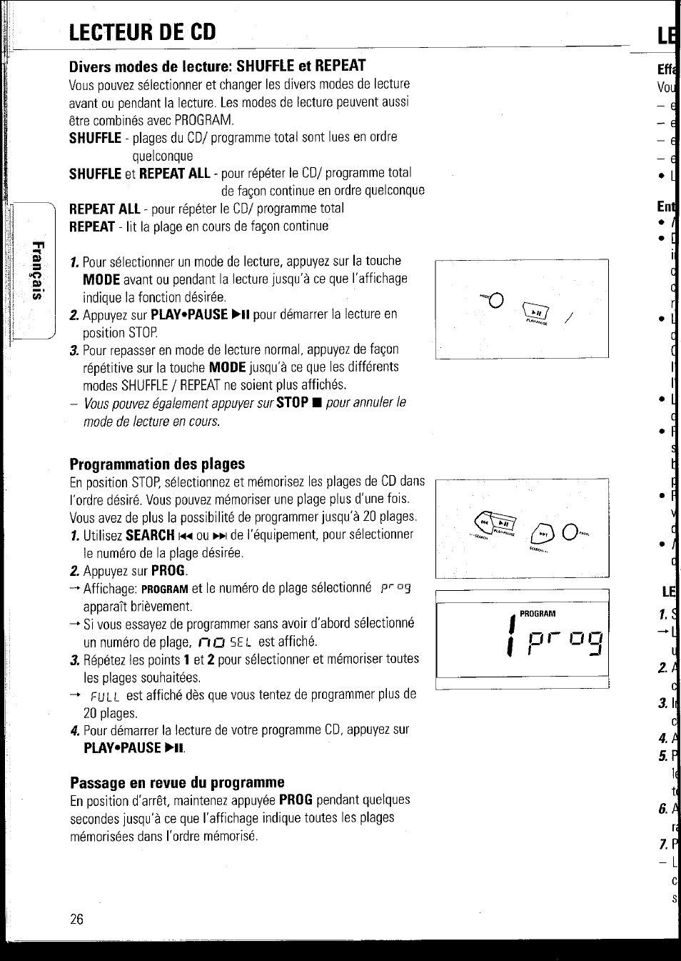 Divers modes de lecture; shuffle et repeat, Programmation des plages, Passage en revue du programme | Effî, Lecteur de cd | Philips AZ1060 User Manual | Page 32 / 52