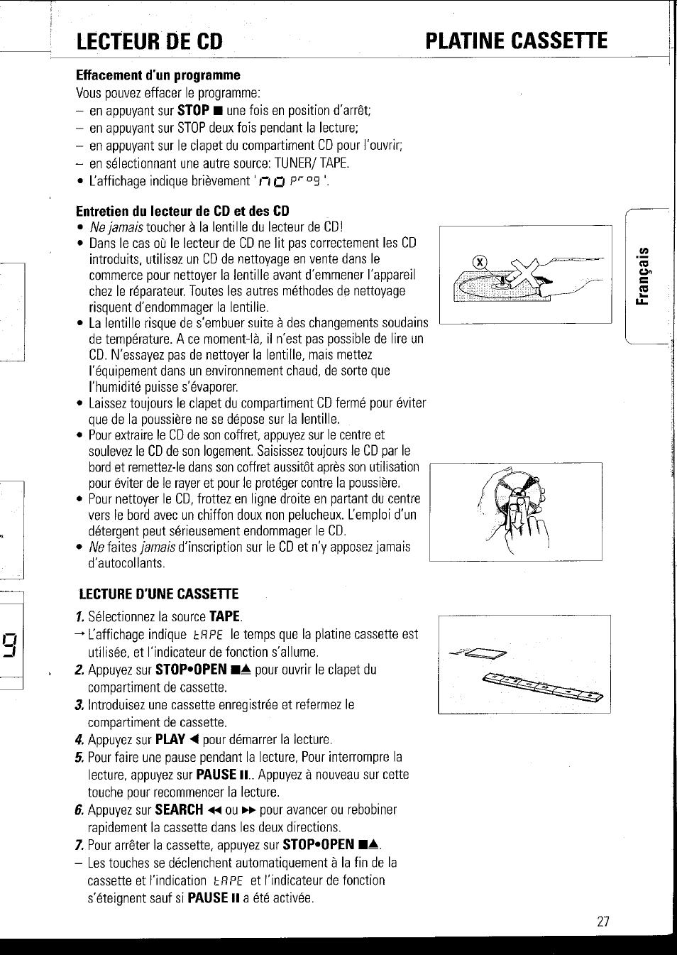 Effacement d'un programme, Entretien du lecteur de cd et des cd, Lecture d'une cassehe | Lecteur de cd platine cassette | Philips AZ1060 User Manual | Page 33 / 52
