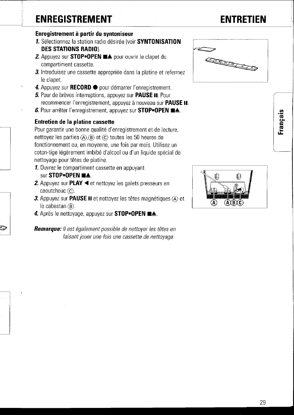 Enregistrement, Enregistrement à partir du syntoniseur, Enregistrement entretien | Entretien de la platine cassette | Philips AZ1060 User Manual | Page 35 / 52